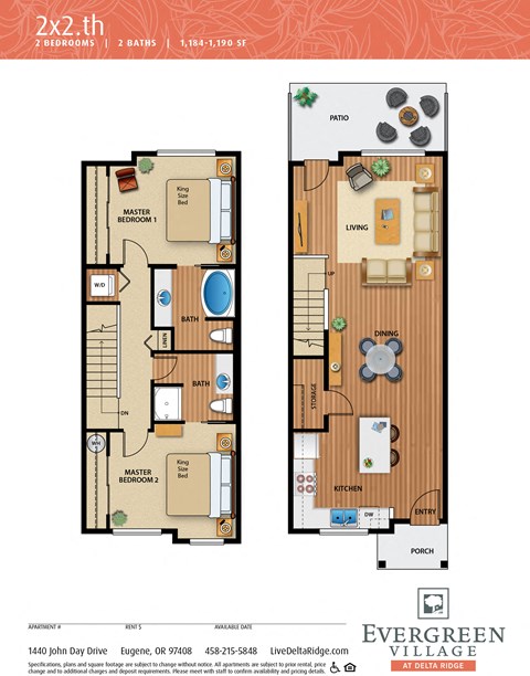 2bed 2bath TH 1184-1190 Sqft